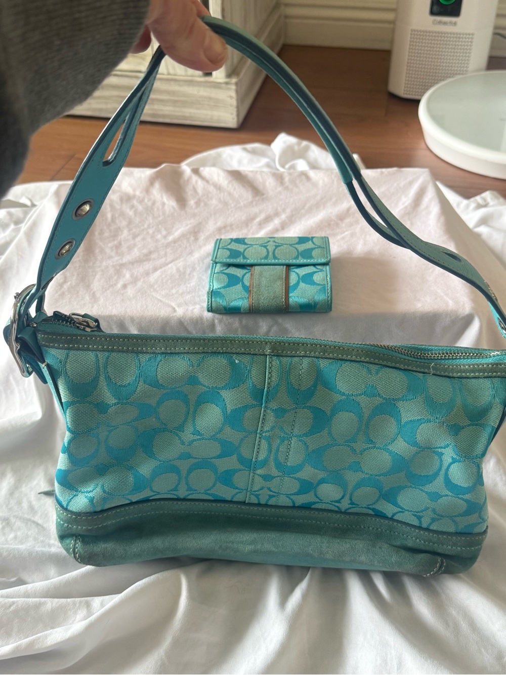 Rare vintage Y2K Coach baby blue  Jacquard Shoulder Bag and Wallet  with duster